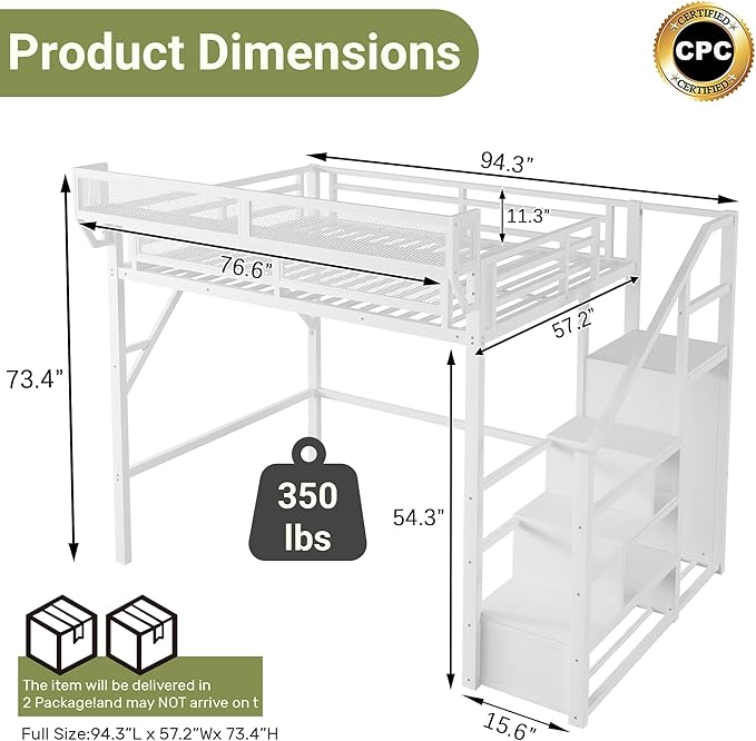 Mirightone Full Size Loft Bed with Stairs and Storage, Metal Loft Bed Frame with Bedside Shelf and Large Under-Bed Space, Heavy-Duty Loft Beds for Adults Teens and Kids, Convertible Staircase, White