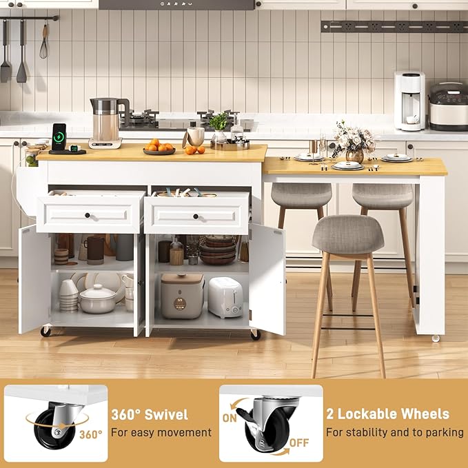80"-48" Extendable Kitchen Island with Extended Dining Table and Power Outlet,Large Mobile Kitchen Storage Islands with 2 Storage Drawers,Rolling Islands Cart with 3 Extra Rows Open Shelves(White)