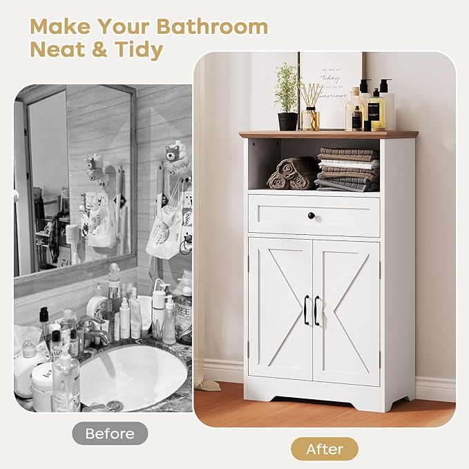 Floor Cabinet, Farmhouse Storage Cabinet with Barn Doors and Drawer, Freestanding Adjustable Shelf Organizer for Bathroom, Kitchen, Living Room White
