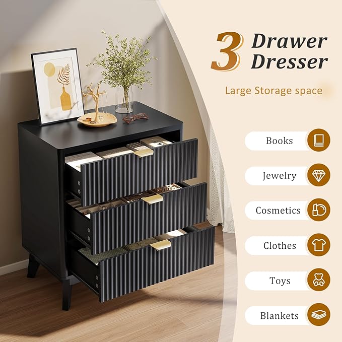 LYNCOHOME Fluted Night Stand with 3 Drawers, Modern Wood Chest of Bedside Table with Curved Profile, Fluted Dresser & Wood Drawer Organizer for Bedroom