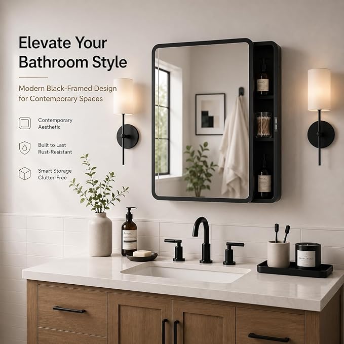 Medicine Cabinet with Mirror, 16x22 inch Black Recessed Medicine Cabinet or Surface Wall Mount Bathroom Cabinets with Adjustable Shelves Metal Framed Mirror, Rounded Rectangle Storage Cabinet