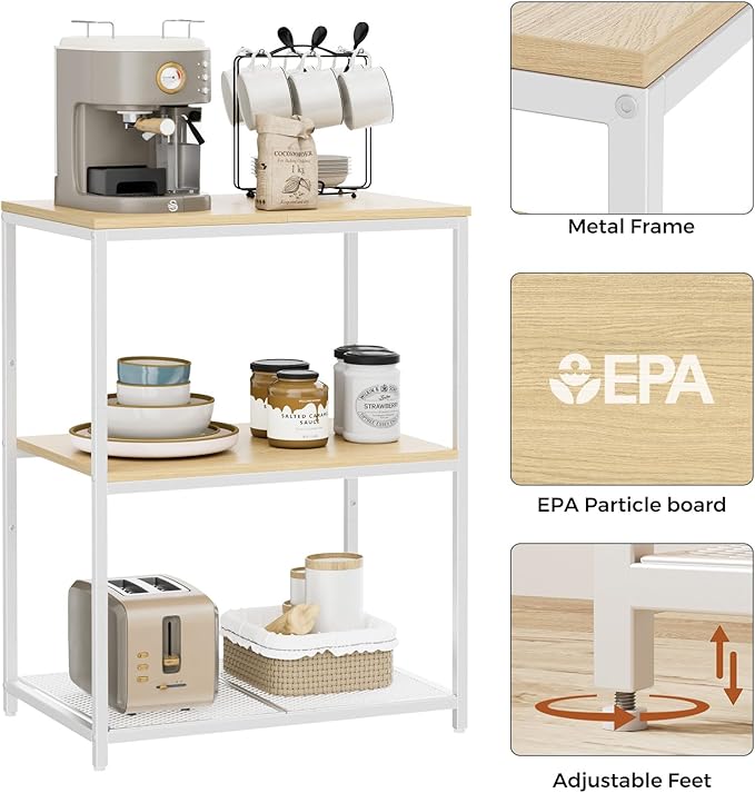 Homleke Kitchen Island with 3 Shelves, Kitchen Shelf with Large Workstation, Bakers Rack, Workbench, Metal Frame, White and Natural