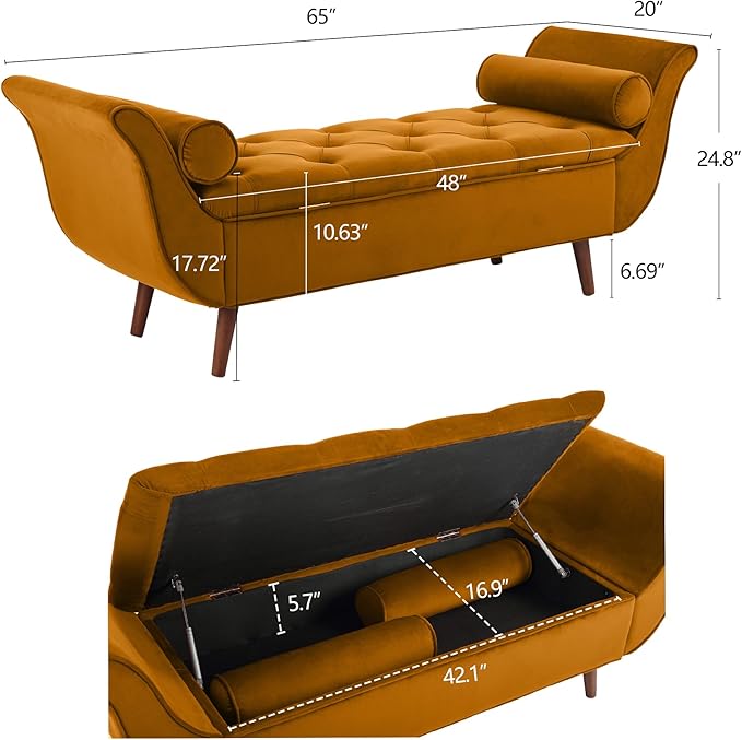 Storage Bench for Bedroom End of Bed, Velvet Upholstered Rolled Armed Button Tufted Sofa Stool Bench, Storage Ottoman Couch Long Bench with Solid Wood Legs (Brown)