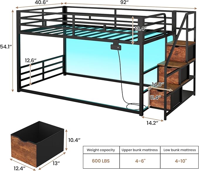 ADORNEVE Low Bunk Bed Twin Over Twin with Storage Staircase, Drawers & Shelves, RGB LED Lights Metal Floor Bunk with Power Outlet, Full-Length Guardrail & Metal Slats, for Small Space, Kids, Black