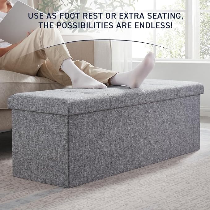 Ornavo Home Folding Storage Ottoman, 43 Inch Extra Large Storage Bench with Lid, Foot Rest Stool for Bedroom, Living Room, Entryway, Tufted Linen Upholstered - Gray