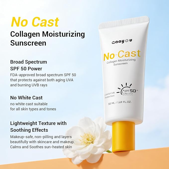No Cast Moisturizing Sunscreen SPF50 PA++++ Collagen Facial Sunscreen Korean Sunscreen with Hyaluronic Acid, Oil Free, No White Cast Natural Sunscreen for All Sensitive Skin Type