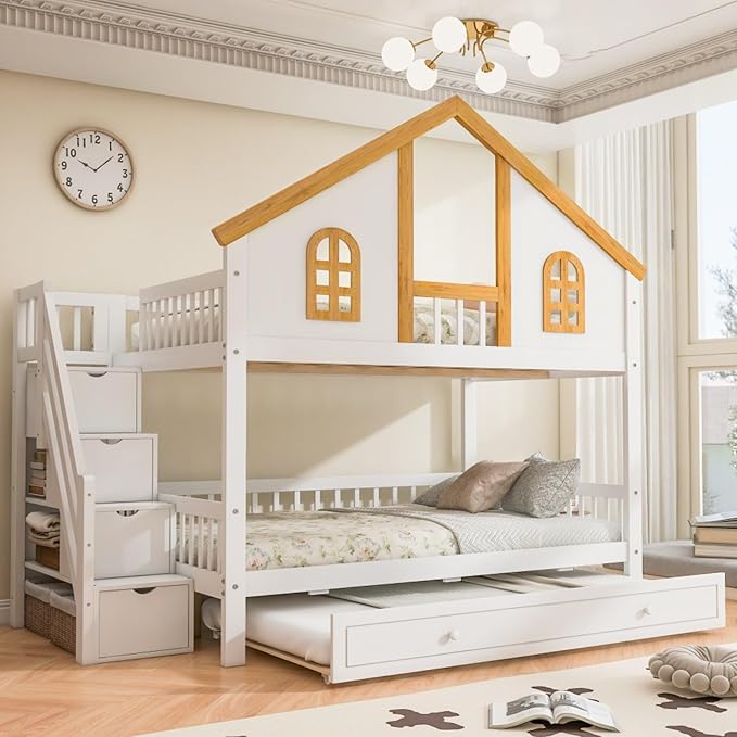 Full Over Full Bunk Bed with Trundle and Storage Stairs, House Triple Bunk Castle Bed with Roof and Windows, Bookshelf, Space Saving for Kids, Boys, Girls, Adults, White
