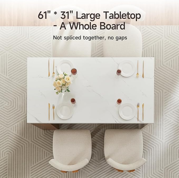 ONBRILL 61 x 31 Inch Whole Board of Tabletop Kitchen Island Table with Storage Space, Power Outlet & LED Lights, Modern Imitation Marble Large Counter Height Dining Table for 4 (White)