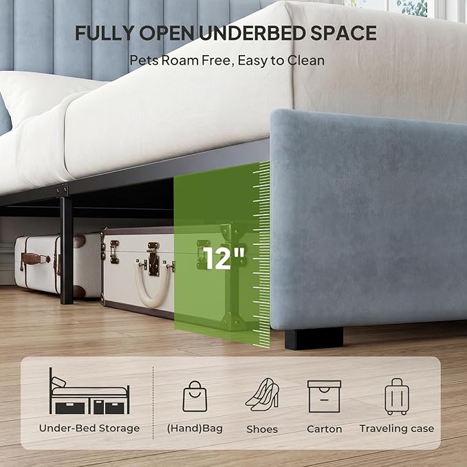 Welzona Queen Bed Frame with Headboard, Velvet Fully Upholstered Metal Platform Bed with Vertical Channel Tufted Headboard, 3-Level Height, Under-Bed Storage, Metal Support, Easy Assembly, Blue