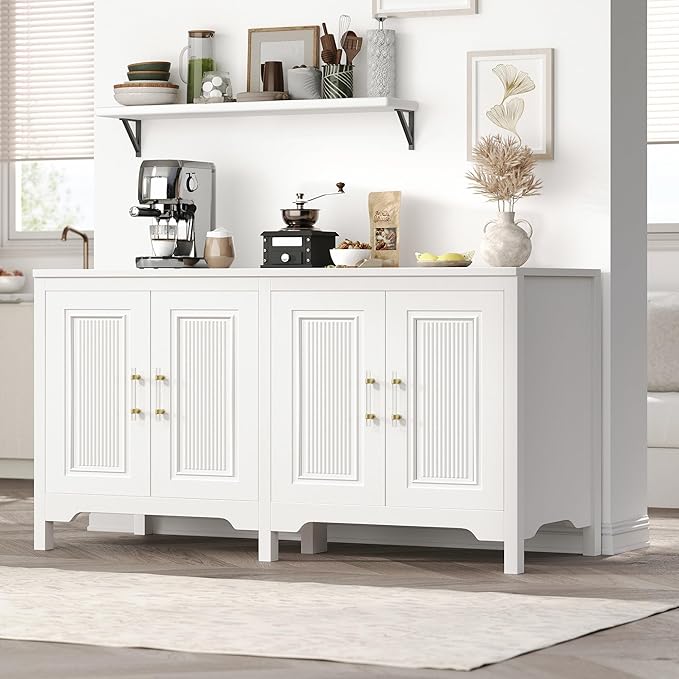 Jocoevol Buffet Cabinet with Storage, 55" Modern Farmhouse Sideboard Cabinet with Doors & Shelves, Kitchen Storage Cabinet for Kitchen Living Room,White