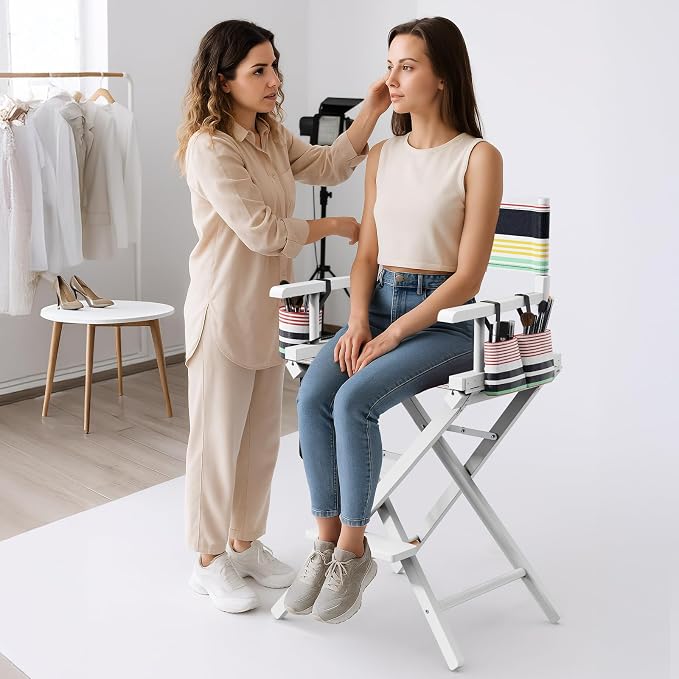 OmySalon 26" H Tall Directors Chair, Wooden Portable Folding Makeup Chair w/Storage Pouch & Footrest, Professional for Salon/Events/Mobile Services, 250lb Capacity, Striped Canvas & White Frame