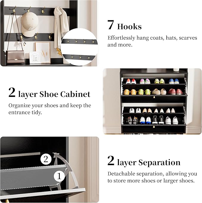 Fsbecl Shoe Cabinet for Entryway with 2 Flip Drawers & Coat Rack, Narrow Hidden Shoe Storage Cabinet with Fluted Panel, 2-in-1 Hall Tree Slim Freestanding Shoe Rack Organizer for Hallway, Black