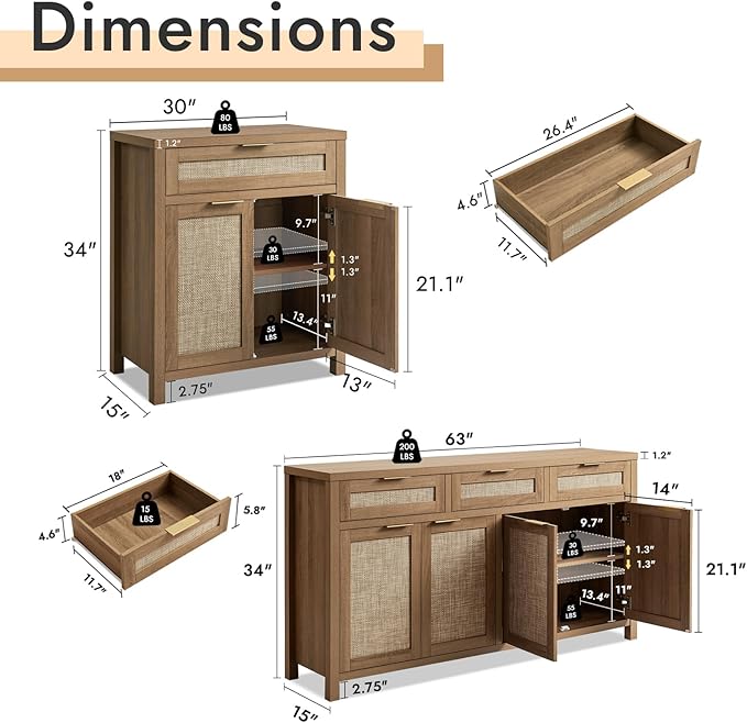 HOKYHOKY 2 Piece Rattan Sideboard Buffet Cabinet, Boho Storage Cabinet with Adjustable Shelves, Farmhouse Credenza Coffee Bar Cabinets with Doors & Drawers for Living Room, Hallway&Kitchen