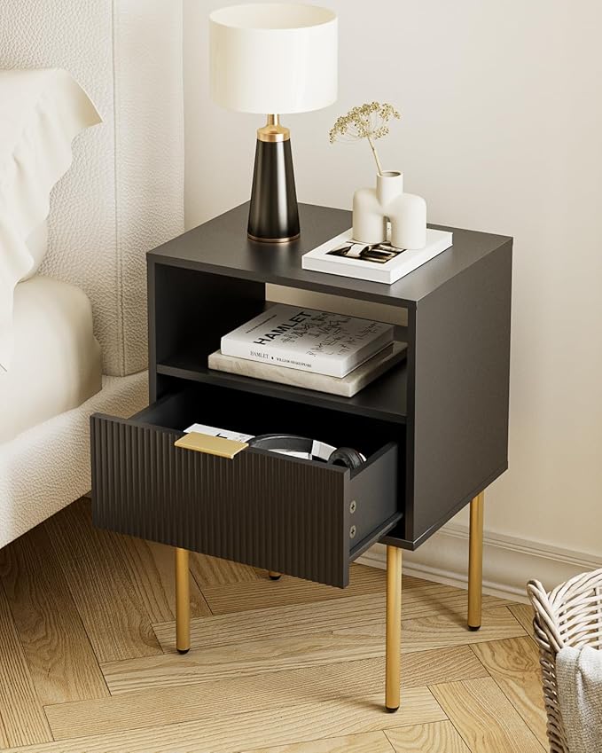 Aienvey Night Stand, Modern Nightstand with Drawers, Bedside Table, Gold Small Side Table for Bedroom, Living Room End Table (Black Stripe, 1 Drawer)