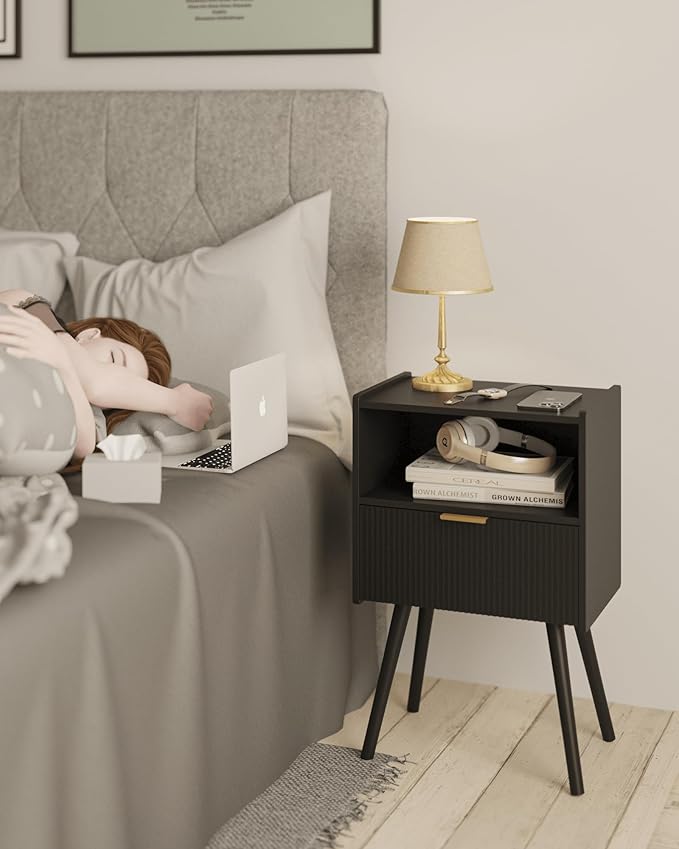 JOONEE Black Nightstand,Modern Bedside Table with Storage Drawer and Open Wood Shelf, for Living Room, Bedroom and Small Spaces, Accent Night Stand with Solid Wood Legs, Easy Assembly,Classic Black