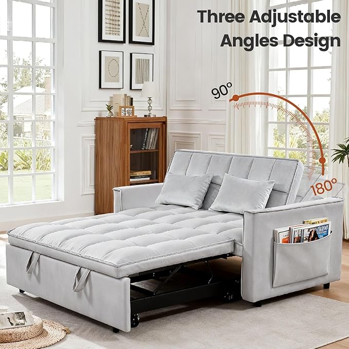 3 in 1 Convertible Sleeper Sofa Bed, Velvet Fabric Loveseat Sofa Bed with Adjustable Backrest & Large Side Pockets, Pull Out Couch for Small Spaces, Apartment, Living Room, Gray