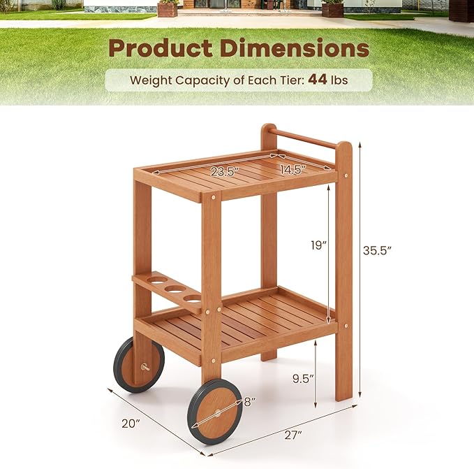 Tangkula Wood Bar Cart, Outdoor Indoor 2 Tier Rolling Serving Cart with Wine Bottle Holders and 2 Rubber Wheels, Bar Table Beverage Drink Cart for Kitchen, Patio, Garden and Poolside, Natural