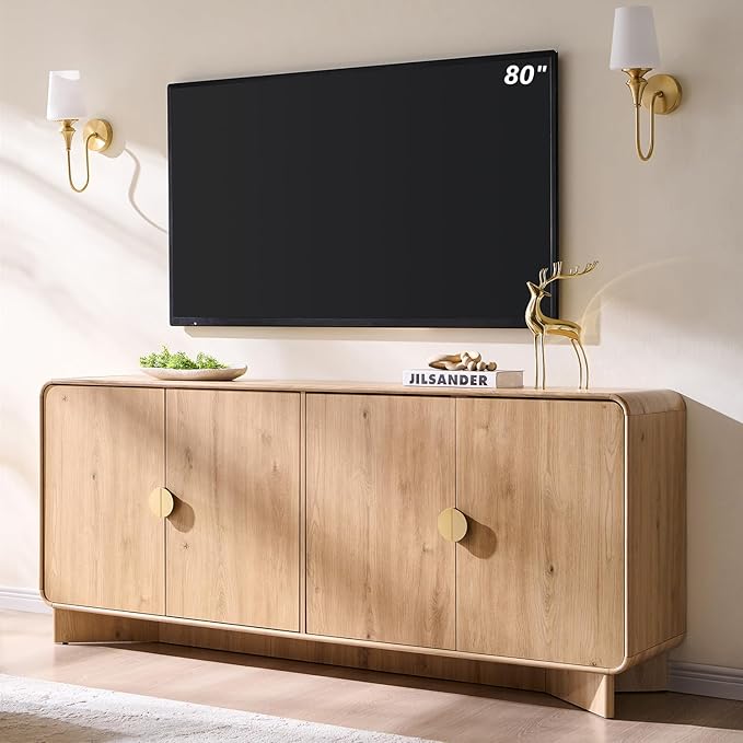 IFGET 70" Modern TV Stand for TVs Up to 80 inches, 30" Tall Entertainment Center with Storage and Adjustable Shelves, TV Console with Curved Profile Design, Media Console for Living Room, Natural Oak