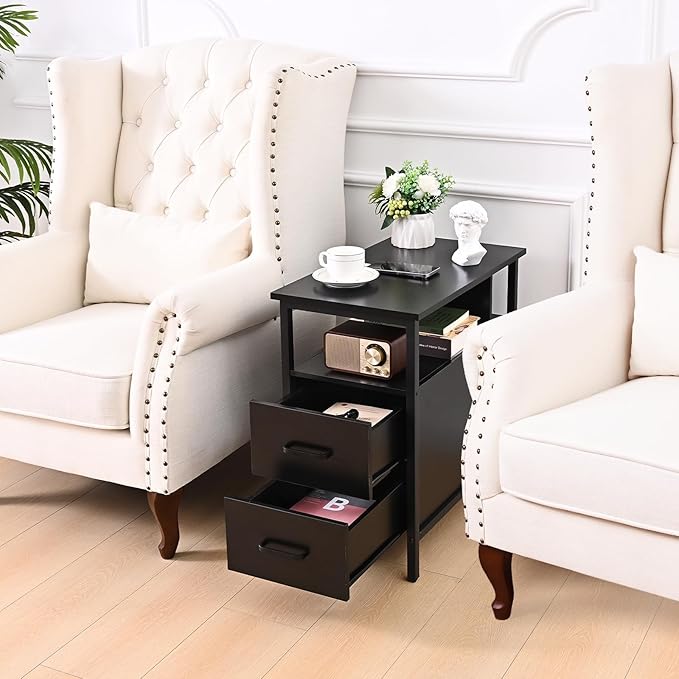 Livofloral Black Side Tables, End Table with Charging Station, Narrow End Table with 2 Wooden Drawers, USB Ports and Power Outlets, Slim Nightstand and Bedside Table, End Tables Living Room, Bedroom