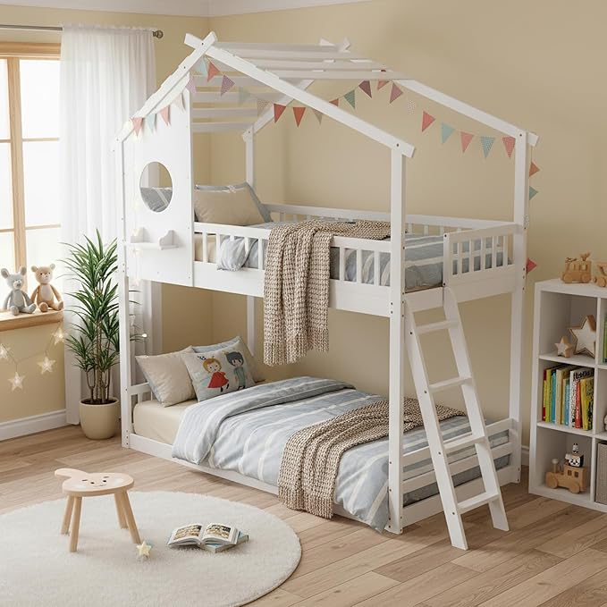 DUMOS Wood Twin Over Twin House Bunk Bed, Loft Bed with Ladder, Safety Guardrail, Wooden Slats & Window, Kids Twin Bed Frame for Teens Juniors, Freely Decorative House Roof