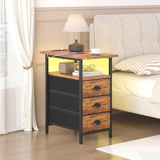 sthmec End Table with Charging Station,LED Side Tables with USB Ports and Outlets,Narrow Nightstands Bedside Tables with 3 Fabric Drawers for Small Space,Slim Sofa Table for Livingroom, Rustic Brown