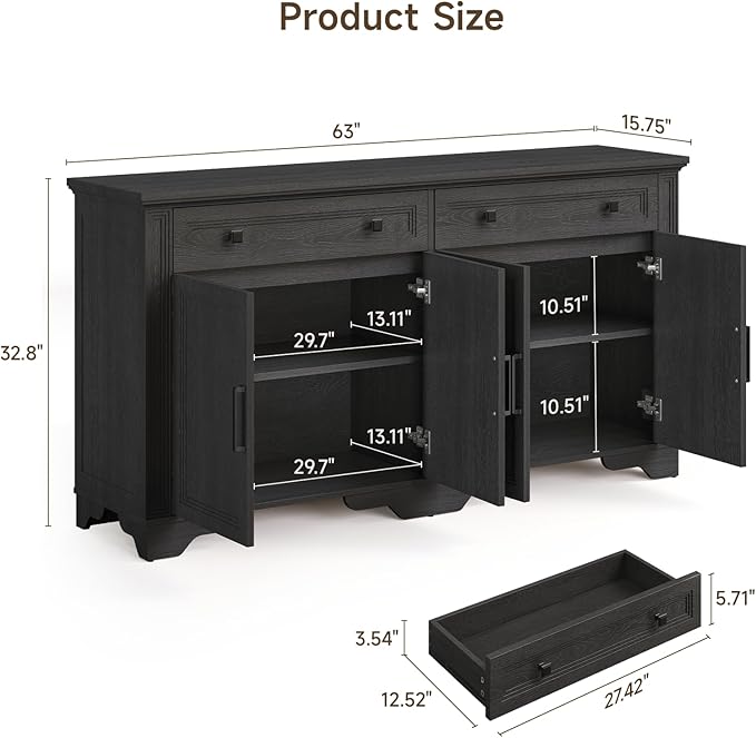 ONBRILL 63" Sideboard Buffet Cabinet, Kitchen Buffet Storage Cabinet, Large Credenza with Drawers & Doors, Wood Coffee Bar Console Wine Bar for Living Room Hallway Black