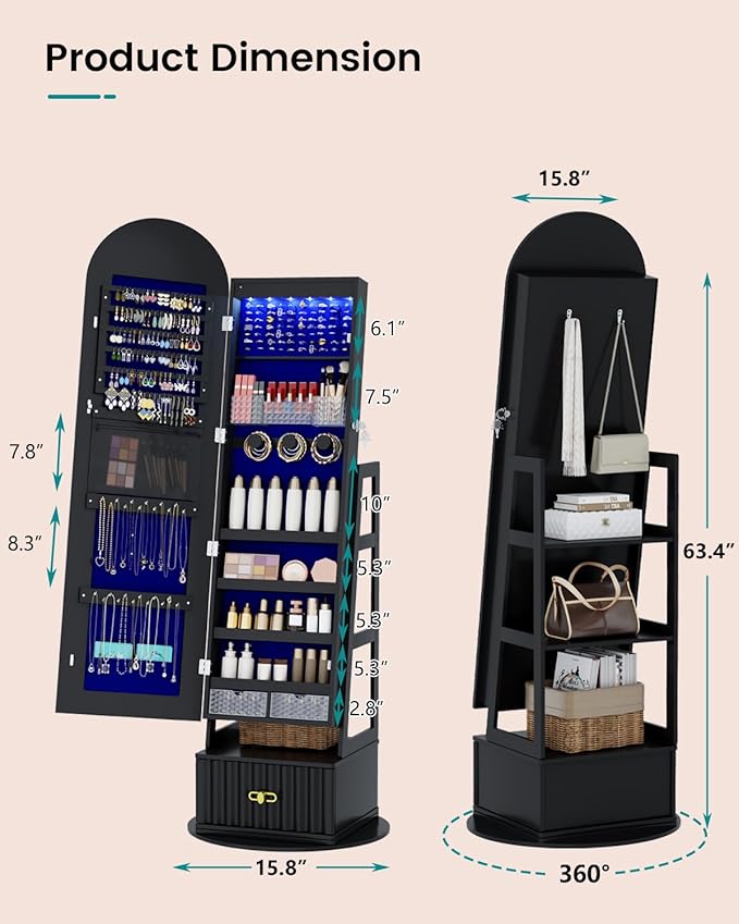 Vlsrka 6 LEDs Mirror Jewelry Cabinet, 360° Swivel Full Length Mirror with Storage, Lockable Jewelry Armoire Cabinet Standing, Large Drawers Jewelry Organizer Mirror, Gift Idea for Women, Black