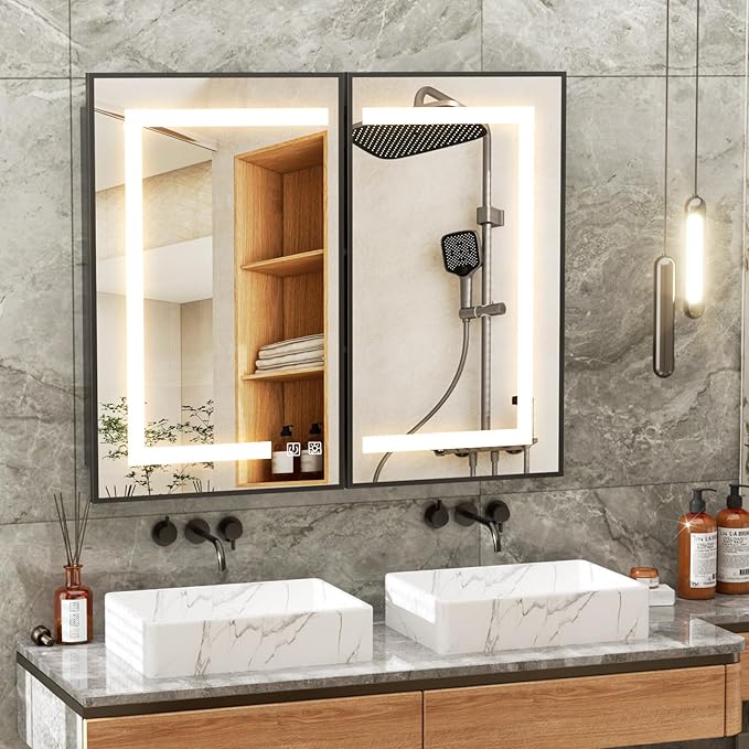 APRILSOUL 40x32 Inch Lighted Bathroom Medicine Cabinet with Mirror, Black Recessed or Surface Mount Medicine Cabinet Mirror with Storage and LED Lights, 3 Colors Temperature, Dimmable Light