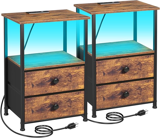 LOAKEKEL Night Stand Set 2, LED Nightstand with Charging Station, End Tables with Storage Shelf, Bedside Table with 2 Fabric Drawers for Bedroom, Small Spaces, Rustic Brown HETS02PBR