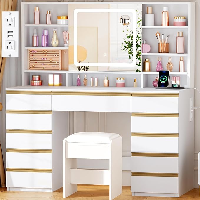 ANWBROAD Vanity Desk with Sliding Mirror and Lights,Large Makeup Vanity Set with Jewelry Storage,11 Drawers,6 Shelves, 3 Color Lights, White Dressing Table with Stool Power Outlet for Women UBDT98W