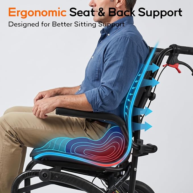 SOFTFISH Transport Wheelchair with Ergonomic Design & Pull Rod, Wheelchairs for Adults with Adjustable Push Handles & Footrests, 12” Rear Wheels, Flip-Back Armrests, Carbon Fiber Aluminum Frame
