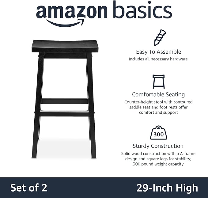 Amazon Basics Solid Wood Saddle-Seat Counter Height Bar Stools for Kitchen Island and Home Bar with Footrest, 29-Inch Height, Black, Set of 2