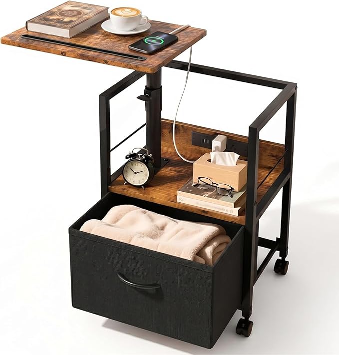 Faesun Swivel Lift Top Nightstand with Charging Station, Rolling Side Table for Recliner, Bedside Table with Wheels & a Fabric Drawer, for Small Spaces, for Bedroom, Living Room, Brown Black
