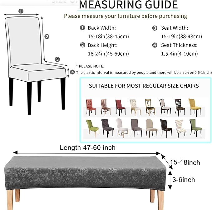 FORCHEER Kitchen Chair seat Cover Set 4 and Bench Cover Set Velvet Flower Pattern Anti-Dust Removable Seat Protector for Dining Room- 4 PCS Chair Cover+1 PC Bench Cover(Dark Grey)