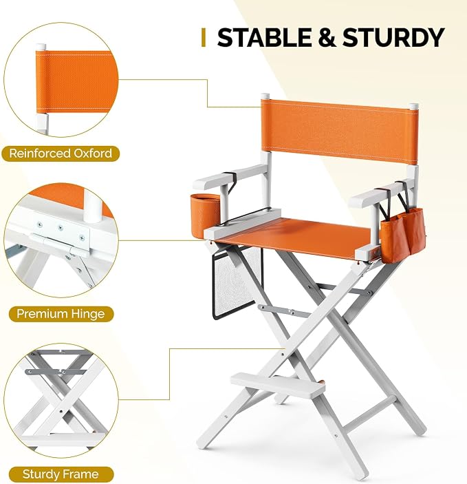 OmySalon 26" H Tall Directors Chair, Wooden Portable Folding Makeup Chair w/Storage Pouch & Footrest, Professional for Salon/Events/Mobile Services, 250lb Capacity, Orange Canvas & White Frame