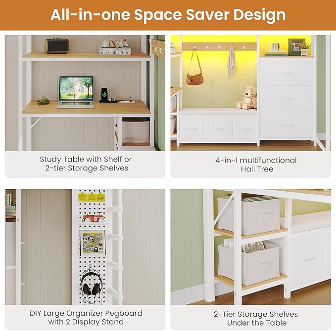 DICTAC Twin Loft Bed with 6 Storage Drawers,Coat Rack and Open Shelves Metal Twin Size Loft Bed with Desk,Charging Station and LED Light,loft beds with Large Pegboard,Stairs and Safety Guardrail,White