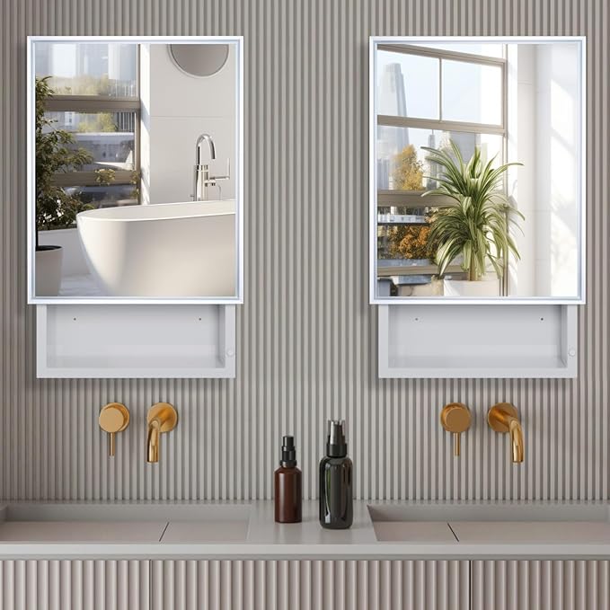 Plastic Medicine Cabinet with Mirror 16x26 inch, Recessed Medicine Cabinet or Surface Wall Mount Bathroom Cabinets with Removable Shelves, White Framed Mirror Cabinet