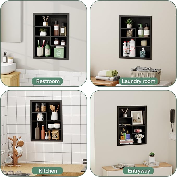 Stainless Steel Recessed Medicine Cabinet 14 * 18, Rust-proof Metal Wall Niche, In Wall Shower Niche Shelf Insert Replacement, Recessed Medicine Cabinets for Drywall, with 4 Compartments, Black