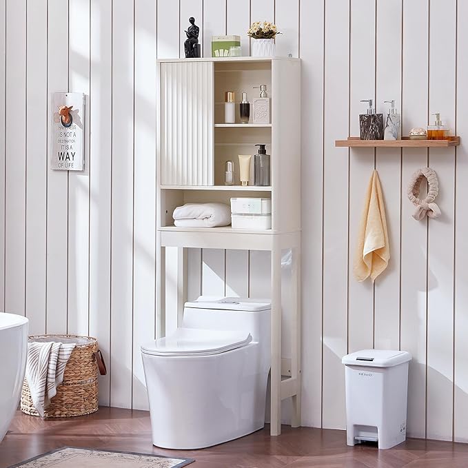 LEYAOYAO Fluted Over The Toilet Storage Cabinet, Farmhouse Over Toilet Bathroom Organizer with a Sliding Door, 68" Tall Freestanding Washer Shelf with Adjustable Shelf & Curved Profile,White