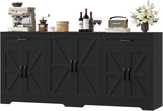 BOTLOG 71” Large Sideboard Buffet Cabinet with Storage, Farmhouse Kitchen Buffet Cabinet with Adjustable Shelves and 6 Barn Doors, Wood Coffee Wine Bar Console Table for Kitchen, Dining Room, Black