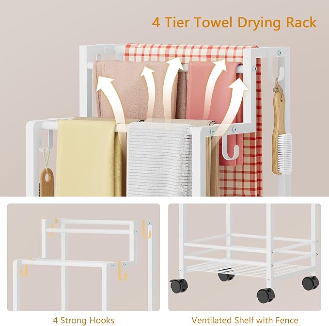 Gewudraw Free Standing Towel Rack, Pool Towel Rack, 4-Tier Blanket Stand with Shelf, Bathroom Towel Drying Rack with 4 Hooks, Rust-Resistant Drying Rack Indoor/Outdoor, White