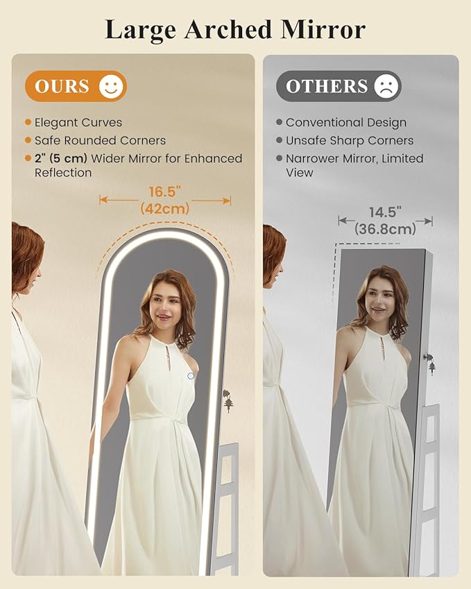 LVSOMT LED Arched Mirror Jewelry Cabinet Standing, Lockable Jewelry Armoire, Full-Length Mirror with Storage, Space-Saving Jewelry Organizer Mirror, Foldable Makeup Shelf, Gift for Women(LED White)