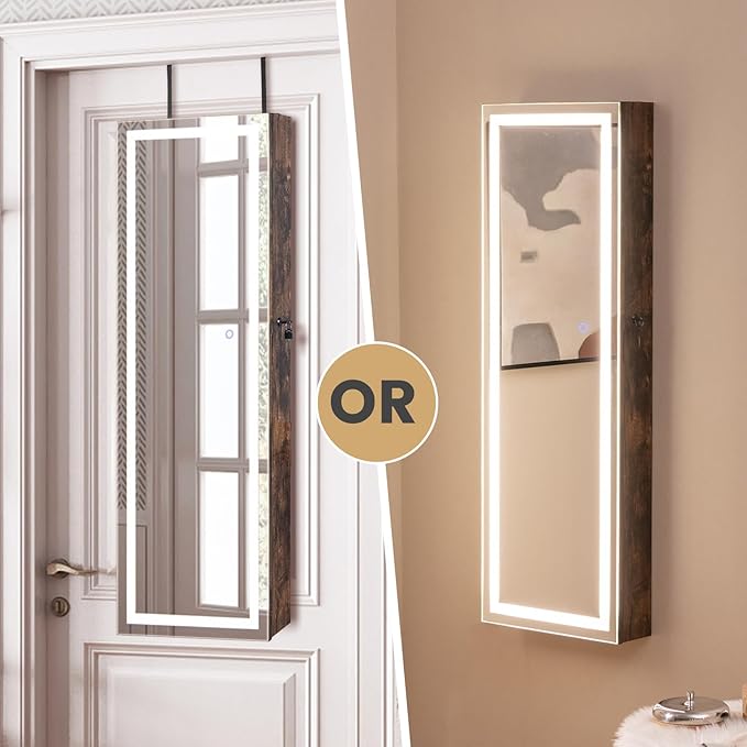 CHARMAID LED Mirror Jewelry Cabinet, 47.2'' Jewelry Armoire with Adjustable Lighted Full Length Mirror, Wall Mounted or Door Hanging, Lockable Jewelry Organizer Storage (Rustic Brown, 47.2''H)