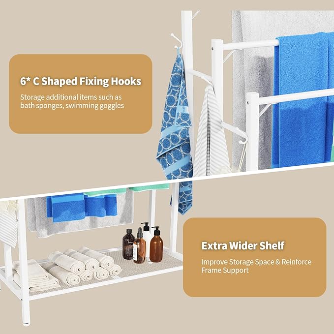 HavenlyYouth 3 Tier Free Standing Towel Rack, Pool Towel Rack with Metal Shelf for Outside, Blanket Drying Holder for Display and Storage in Bathroom, 35.8" H x 31.5" L x 11.8" W, White