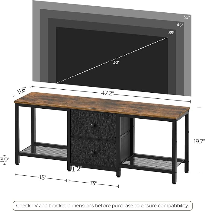YATINEY TV Stand for TVs up to 55", Entertainment Center with 2 Fabric Drawer, Media Console with Shelves, Television Stands for Living Room, Bedroom, Rustic Brown and Black DS02BR