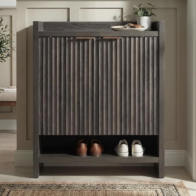 OAKHAM HOME Fluted Shoe Cabinet, 41" Tall 2-Door Entryway Storage Organizer with 3 Tier Adjustable Shelves, Modern Wood Shoe Rack for Hallway Mudroom Entrance Front Door (Midnight Oak)