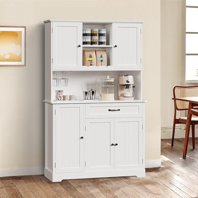 Gizoon 67 in Kitchen Storage Cabinet with Door and Shelves, Kitchen Pantry Cabinet Tall Coffee Bar Hutch with Storage for Dining Room, Painted White
