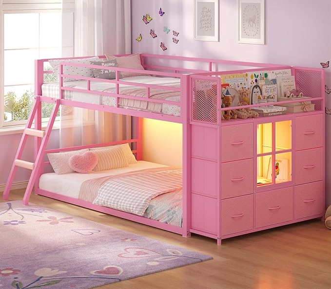 BTHFST Low Bunk Bed Twin Over Twin with 7 Large Fabric Drawers & Bookshelf, Metal Bunk Bed with RGB LED Lights & Slanted Ladder & Safety Guardrail, Space-Saving Kids Low Loft Bed Twin, Pink