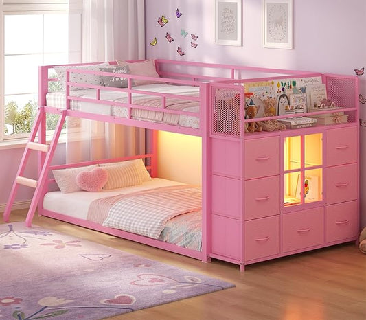 BTHFST Low Bunk Bed Twin Over Twin with 7 Large Fabric Drawers & Bookshelf, Metal Bunk Bed with RGB LED Lights & Slanted Ladder & Safety Guardrail, Space-Saving Kids Low Loft Bed Twin, Pink