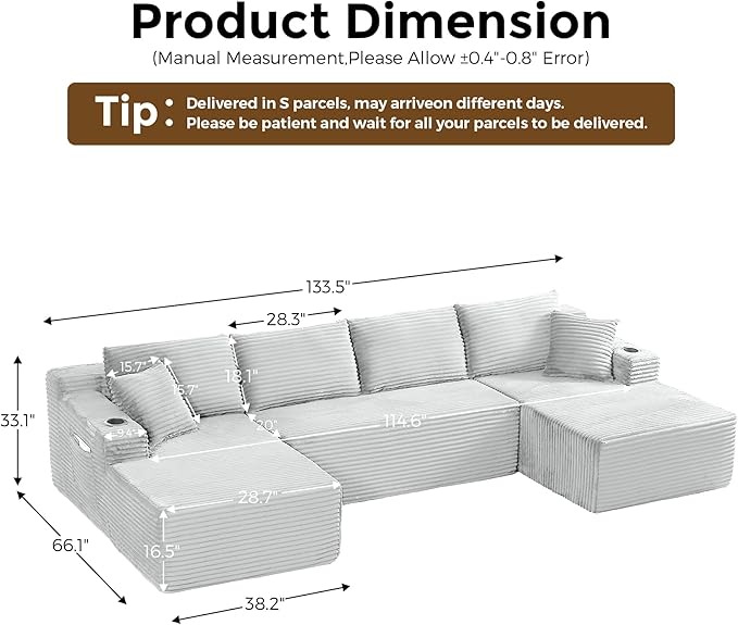 133" Oversized Cloud Boneless Sofa Couch with Chaise, Modern Corduroy Modular Sectional Sofa with Deep Seat, Comfy Couch with cupholders and Storage, No Assembly Required-Light Grey
